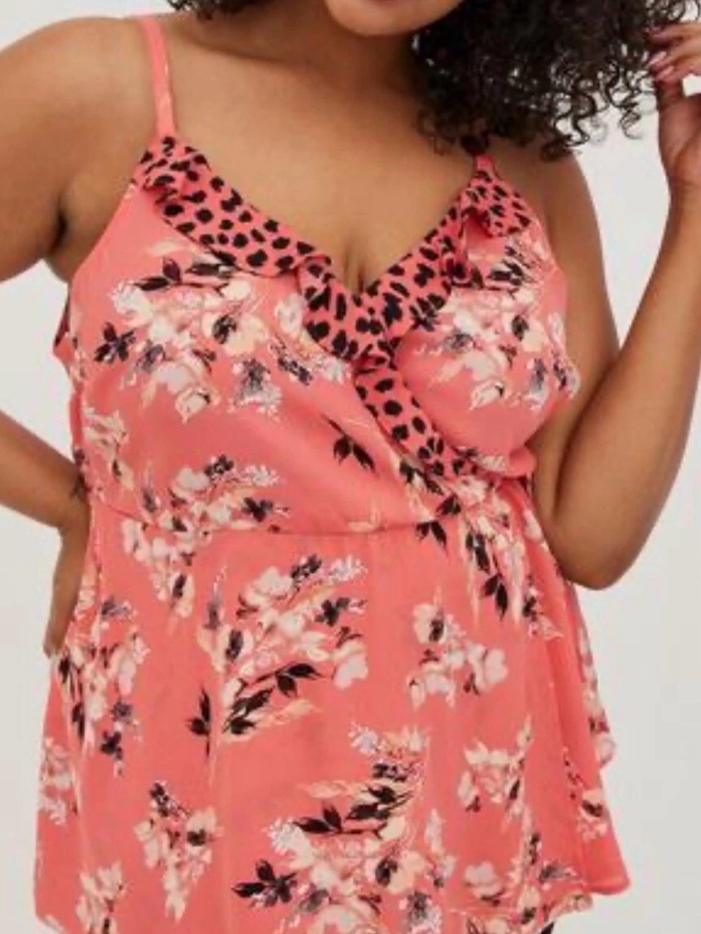 Torrid Coral Pink Floral Leopard Print Georgette Ruffle Front Cami Blouse